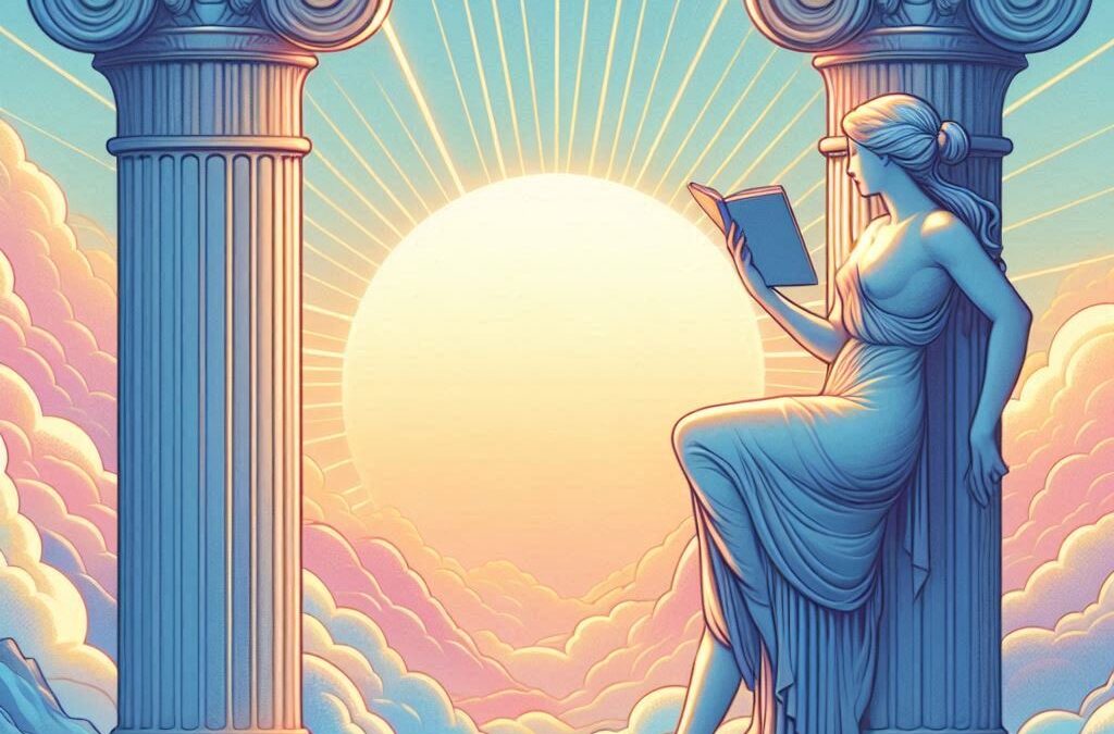 Consulenza Filosofica, Illustrazione in stile classico di una donna greca seduta su una colonna dorica mentre legge, con il sole radiante sullo sfondo. Simbolo di conoscenza, riflessione e illuminazione filosofica.