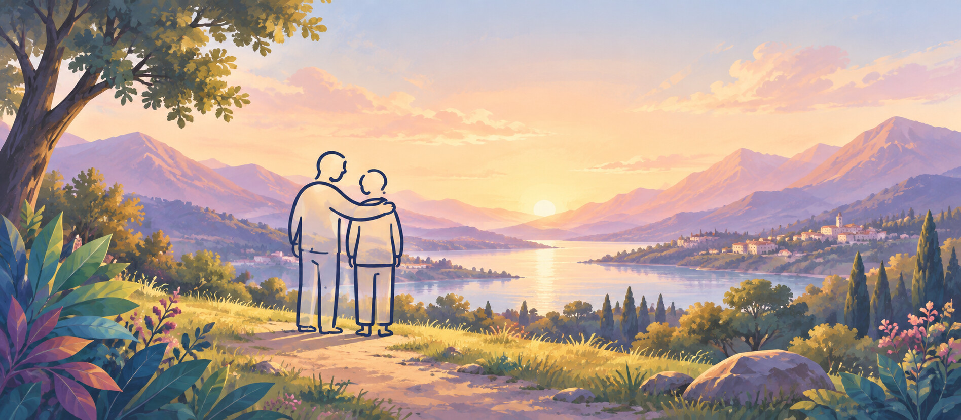 Ein Begleiter und eine ältere Person gehen gemeinsam durch die Landschaft.